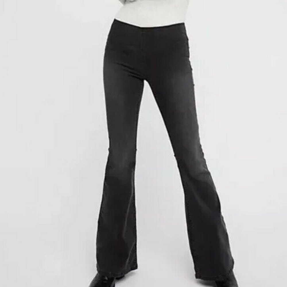 Free People Penny Pull On Flare Leg Jeans Washed Black/Gray Denim Size 29